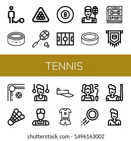 Set of tennis icons such as Ball, Puck, Billiard, Badminton, Hockey pitch, Sport, Shuttlecock, Gymnast, Athlete, Visor, Judo , tennis