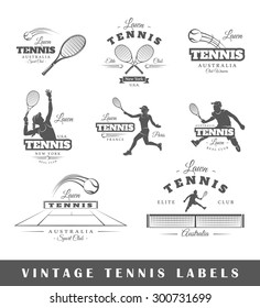 Set of tennis labels. Elements for design on the tennis theme. Collection of tennis symbols. Modern labels of tennis. Emblems and logos of tennis. Vector illustration