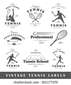 Set of tennis labels. Elements for design on the tennis theme. Collection of tennis symbols. Modern labels of tennis. Emblems and logos of tennis. Vector illustration