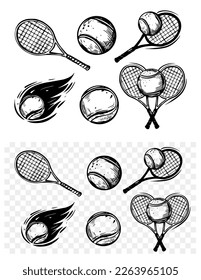 Set of tennis objects, ball, racket. Hand drawn vector illustrations, design elements