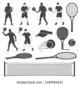 Juego de siluetas para equipos de tenis y pádel. Ilustración vectorial. La colección incluye raqueta de pádel, pelotas, red de tenis, siluetas de jugador y visera.