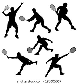 set of tennis player in different poses silhouette isolated on white background