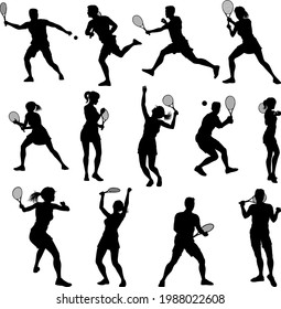  A set of tennis player man and woman silhouette sports people design elements