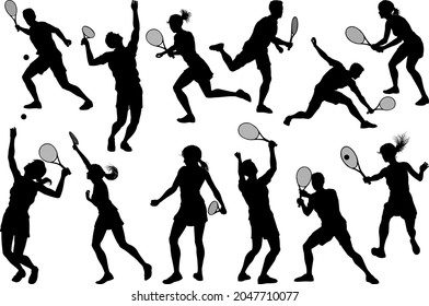 A set of tennis player man and woman silhouette sports people design elements