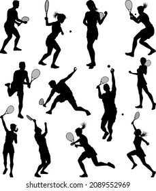 A set of tennis player man and woman silhouette sports people design elements