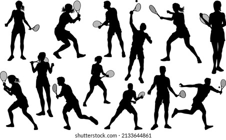 A set of tennis player man and woman silhouette sports people design elements