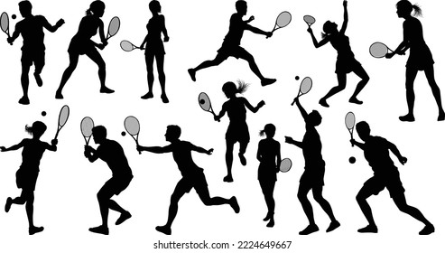 A set of tennis player man and woman silhouette sports people design elements