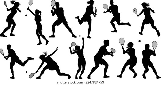 A set of tennis player man and woman silhouette sports people design elements