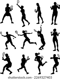 A set of tennis player man and woman silhouette sports people design elements