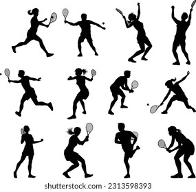 A set of tennis player man and woman silhouette sports people design elements