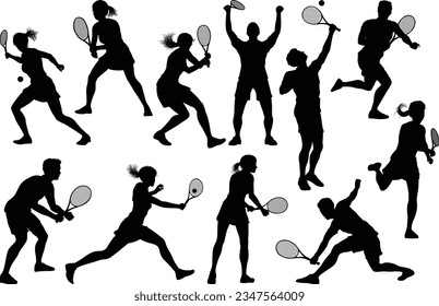 A set of tennis player man and woman silhouette sports people design elements