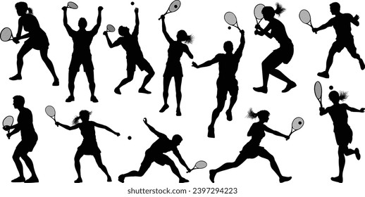 A set of tennis player man and woman silhouette sports people design elements