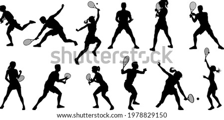  A set of tennis player man and woman silhouette sports people design elements