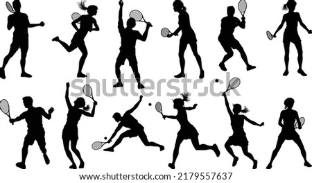 A set of tennis player man and woman silhouette sports people design elements