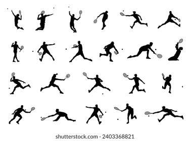 Set Tennis player men silhouette sports person design element. The athlete playing tennis with racket and ball. Drawing art illustration of male tennis player. Tenis player vector.