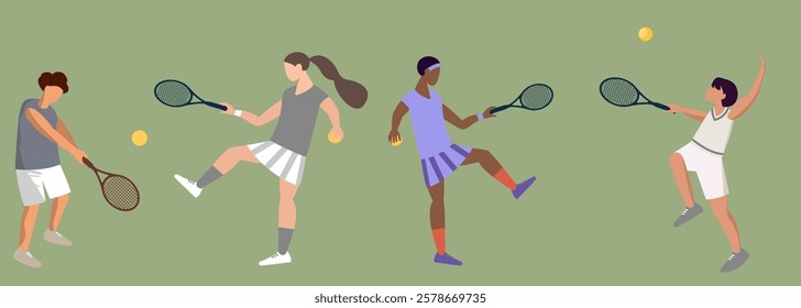 Set of tennis players against green background