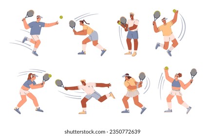 Set of tennis players in different poses flat style, vector illustration isolated on white background. Decorative design elements collection, active people, sport and hobby, emotional characters