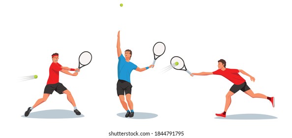 Eine Reihe von Tennisspielern, die einen Tennisschläger halten und einen Ball servieren. Der Athlet folgt dem Flug eines Balls mit seinen Augen. Vektorgrafik mit flachem Design
