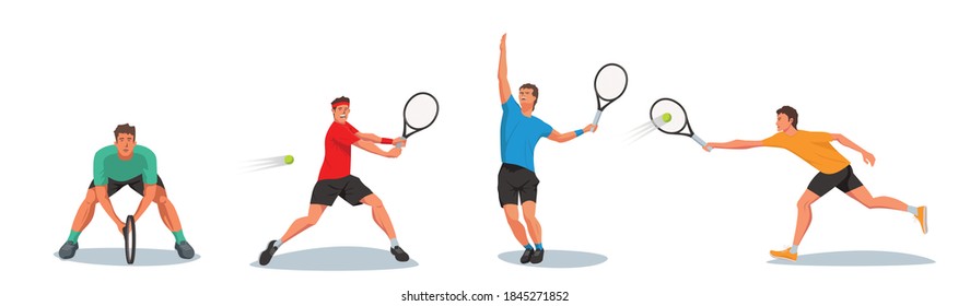 Eine Reihe von Tennisspielern, die einen Tennisschläger halten und einen Ball servieren. Der Athlet folgt dem Flug eines Balls mit seinen Augen. Vektorgrafik mit flachem Design