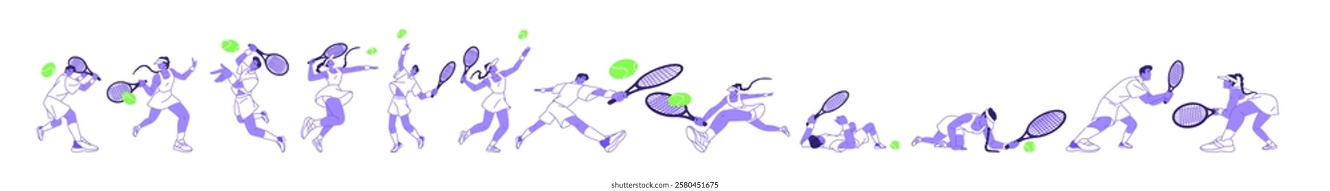 Set of tennis players poses. Athletes training, rushing, hit ball with racket, fall. Sportsman, sportswoman in sportswear play racquet game on sports court. Flat isolated vector illustrations on white