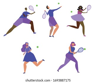 Set of tennis players with rackets and ball isolated on a white background for design. Flat vector stock illustration with african american, european and asian athletes in scandinavian style