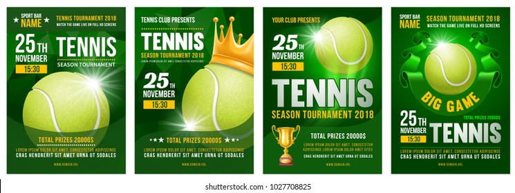 Set of tennis posters with tennis ball. Tennis tournament advertising. Sport event announcement. Place your text and emblems of participants. Vector illustration. 