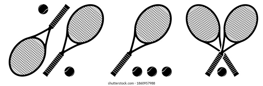 set of tennis racket and ball icons. Tennis equipment. Active lifestyle. Vector