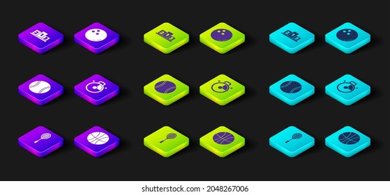 Set Tennis racket, Basketball ball, Stopwatch, Bowling and Award over sports winner podium icon. Vector