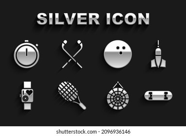 Set Tennis racket, Dart arrow, Skateboard trick, Classic dart, Smart watch showing heart beat rate, Bowling ball, Stopwatch and Ice hockey sticks icon. Vector