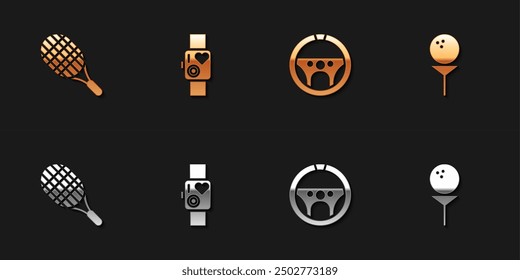 Set Tennis racket, Smart watch showing heart beat rate, Steering wheel and Golf ball on icon. Vector