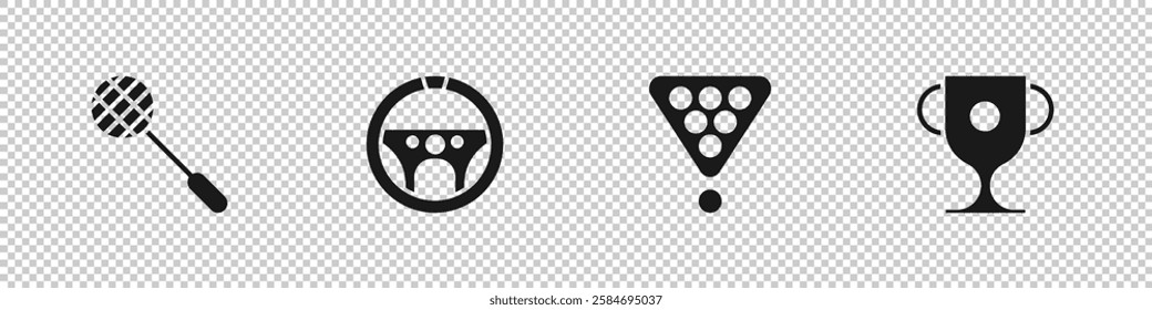 Set Tennis racket, Steering wheel, Billiard balls triangle and Award cup icon. Vector