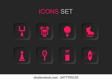 Set Tennis racket, Stopwatch, American football goal post, Punching bag, Skates, Kayak and paddle, Golf on tee and Chess icon. Vector