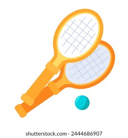 Set of tennis rackets and ball for playing tennis. Sports equipment for active recreation. Summer vacation icon. Simple flat cartoon vector isolated on white background
