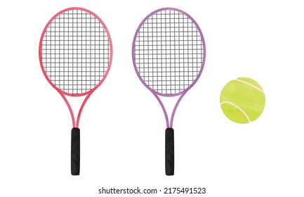 Set of tennis rackets and ball watercolor style vector illustration isolated on white background. Tennis racket and ball clipart. Simple tennis racket cartoon drawing style. Sport equipment hand drawn