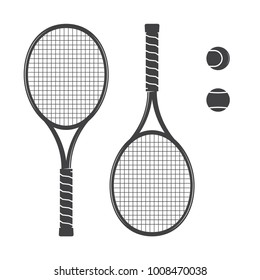 Set of tennis rackets and tennis balls. Vector illustration. Racquets silhouette on the white background.