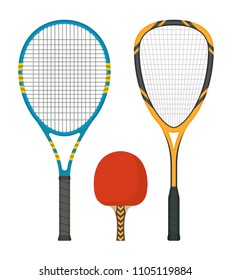 Set of tennis rackets and squash, detailed with a shadow in a flat style