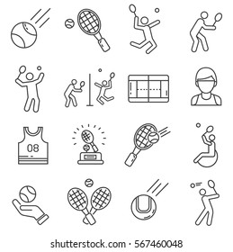 Set of tennis Related Vector Line Icons. Includes such Icons as a racket, tennis ball, playing field, sports uniform, team