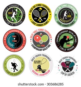 A set of  tennis, table tennis, squash, logos, labels and badges. Sports logos and elements: racket, tennis player, ball