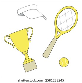 Set of tennis themed icons on a white background. Tennis racket, ball, hat and tennis cup. Cartoon vector illustration for print, activity book, children's entertainment. Popular sports.
