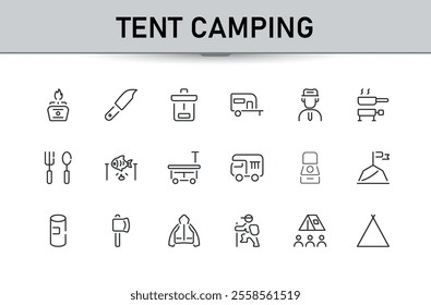 Set of Tent Camping line icons. It contains symbols to bike, holiday, activity, mountain, adventure and more. Collection for mobile and web apps. Minimalist vector outline icons collection.