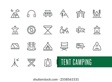 Set of Tent Camping line icons. It contains symbols to bike, holiday, activity, mountain, adventure and more. Collection for mobile and web apps. Minimalist vector outline icons collection.