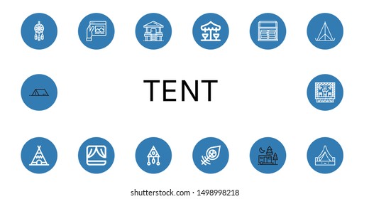Set of tent icons such as Dreamcatcher, Travel, Hut, Merry go round, Thermo bag, Tent, Teepee, Stage, Camping , tent
