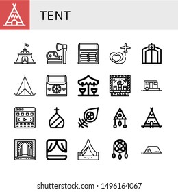 Set of tent icons such as Teepee, Circus tent, Ax, Thermo bag, Travel, Tent, Merry go round, Stage, Camping, Carousel, Dome, Dreamcatcher ,