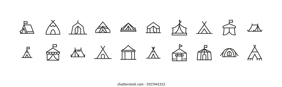 Set of tent line icons. Premium pack of signs in trendy style. Pixel perfect objects for UI, apps and web. 