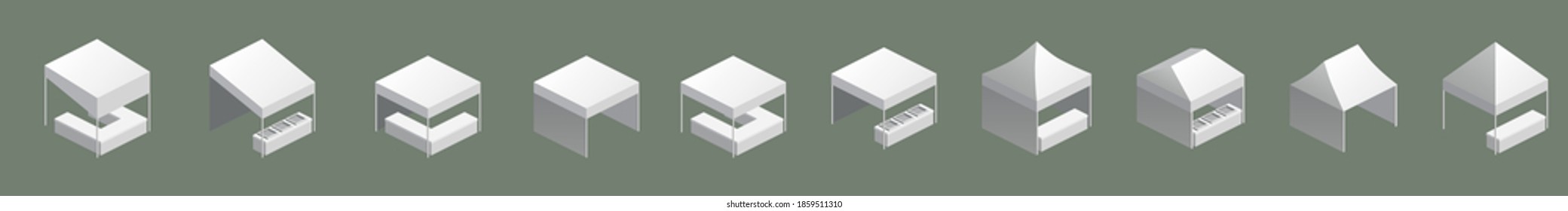 Setzen Sie Zelt-Messe-Isometrie, Werbewerbung im Freien Canopy mobile. Vorlage, Vektorgrafik einzeln