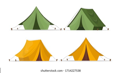 Set of tents. Green and yellow camping tent. Separately on a white background. Vector.