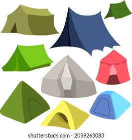 Un conjunto de carpas para hacer senderismo y acampar. Ilustración vectorial.