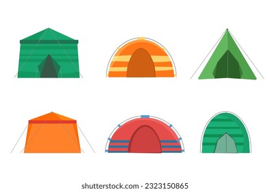 Set of tents isolated on a white background and shown from different angles. Multi Colored tents for camping in the nature and for outdoor celebrations. Triangle objects and dome in flat vector design