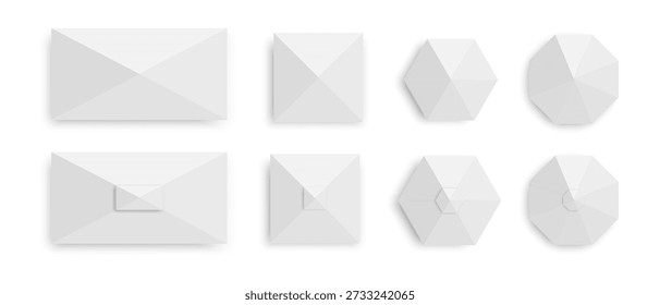 Set of tents in top view. Gazebo umbrellas in rectangular, square, hexagonal, and octagonal shapes. Beach sunshades. Market canopy mockups isolated on white background. Vector realistic illustration.