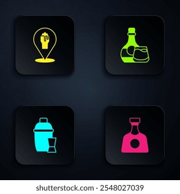 Definir garrafa de tequila, localização do bar de álcool ou cerveja, Coqueteleiro e Uísque e vidro. Botão quadrado preto. Vetor